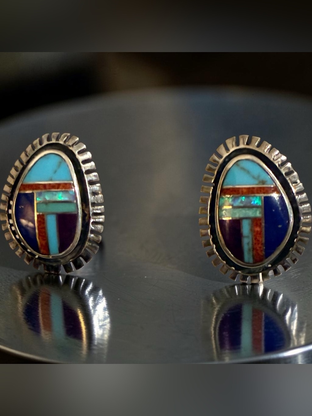 Vintage Zuni Turquoise Red Coral Sterling Silver Zuni Inlay Mosaic Earrings